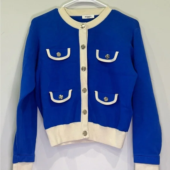 Sandro Royal Blue and Cream Cardigan Marcie Sweater *faint stain - Picture 2 of 7
